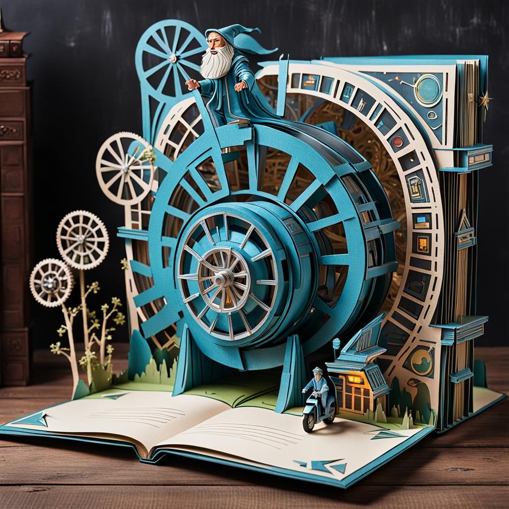 Wizard on Futuristic Motorcycle in Pop-Up Book