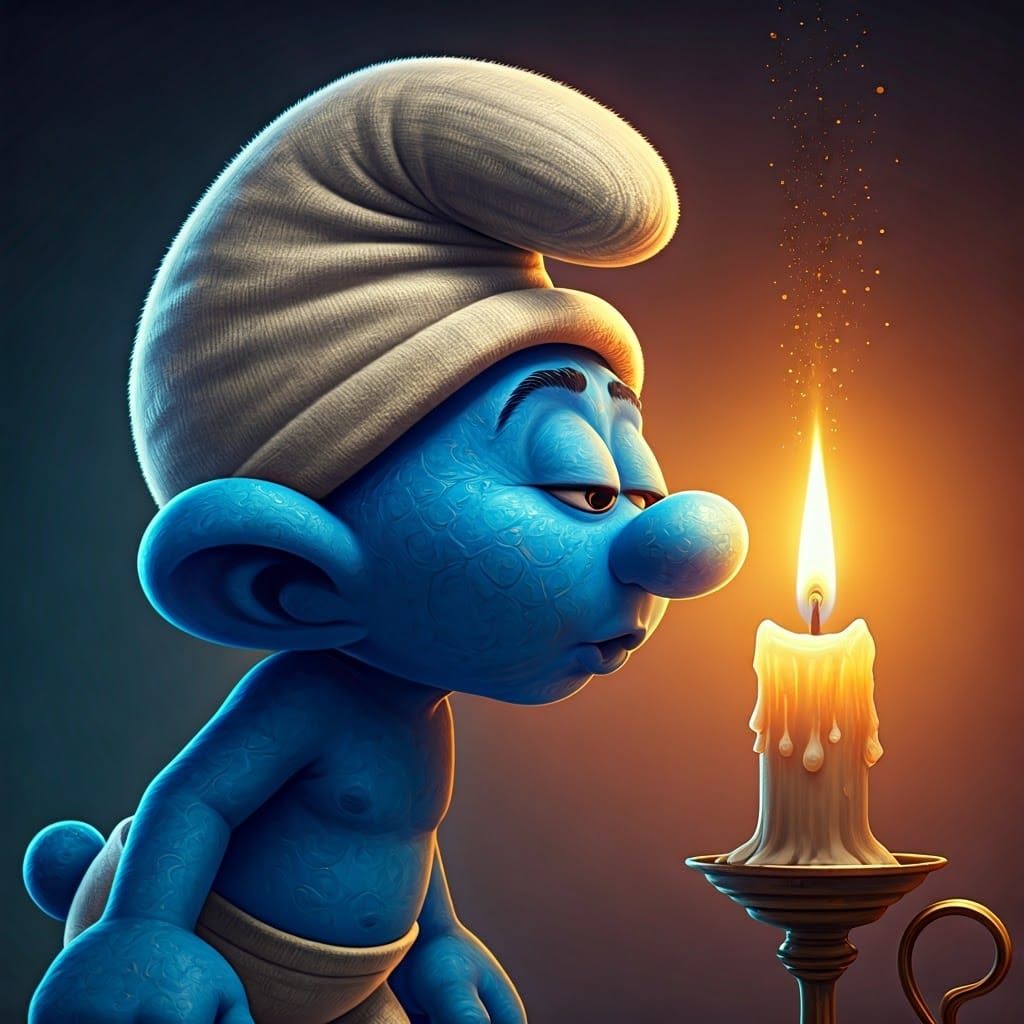 Smurf Blowing Out a Candle in Hyper-Realistic Style
