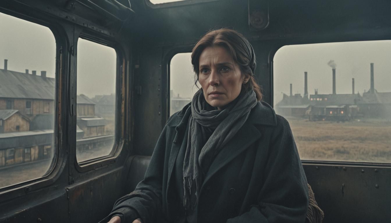Lady in Train, Desolate Industrial Landscape