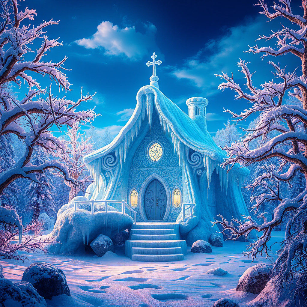 Crystalline Snow House in Mystical Forest