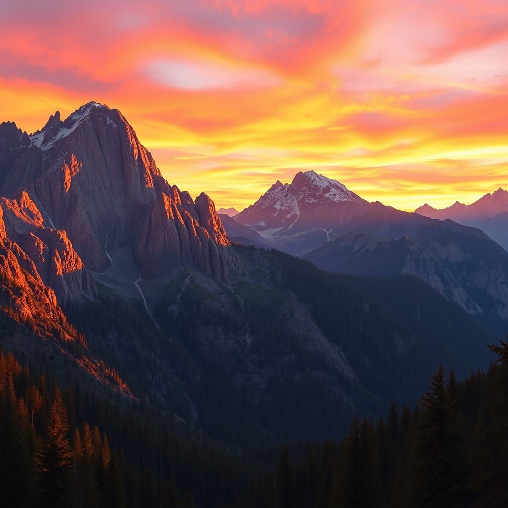 Vibrant Mountain Sunset in the Style of Romantic Landscape P...
