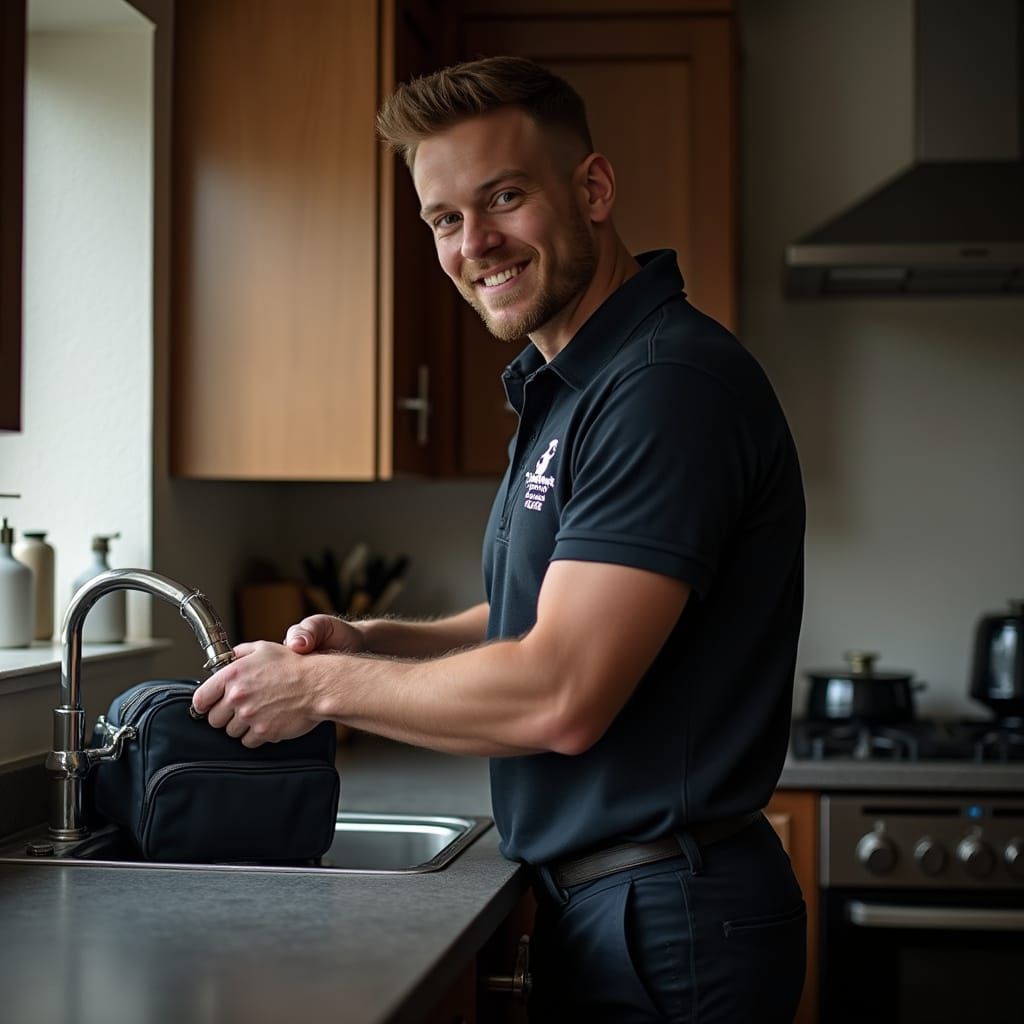 Plumber Repairing Sink in Retro-Futuristic Style