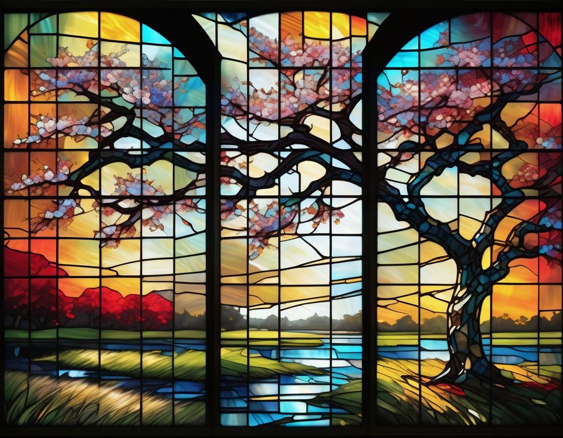 Cherry Tree in Bloom Stained Glass Panels