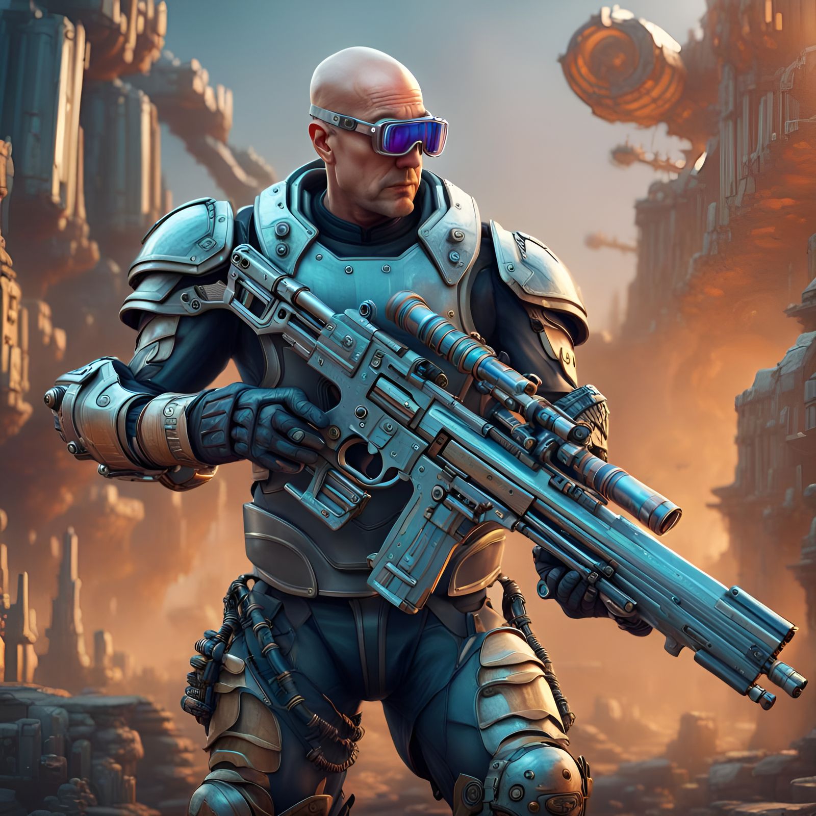 Man with Elbow Gun in High-Tech Armor, Digital Art