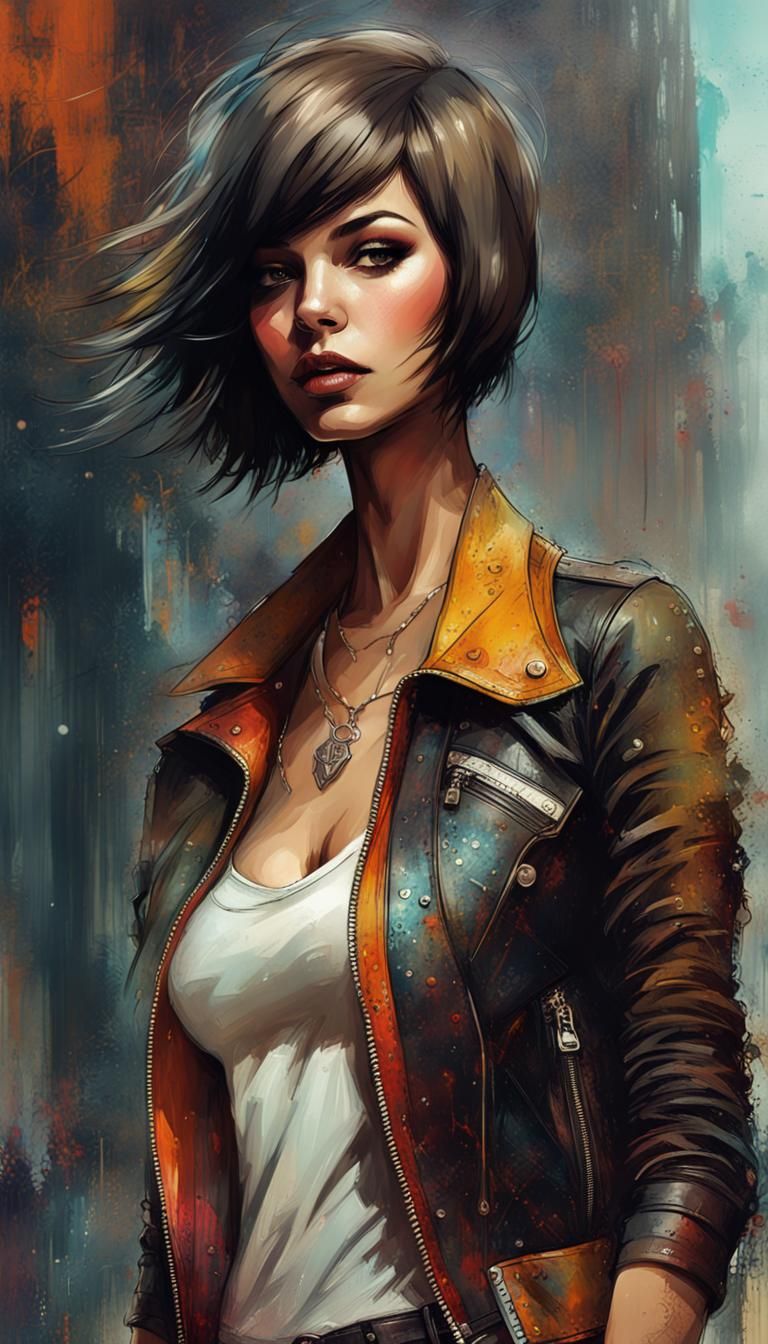 70's Woman in Leather Jacket, Digital Art