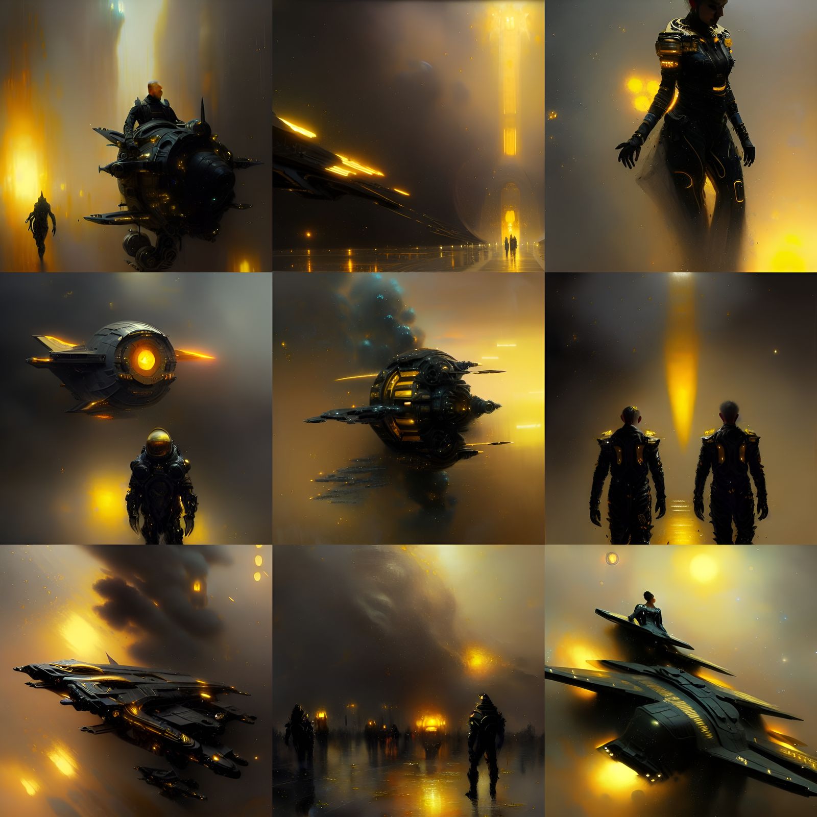 Black and Gold Spaceship Crew in Ethereal Mist