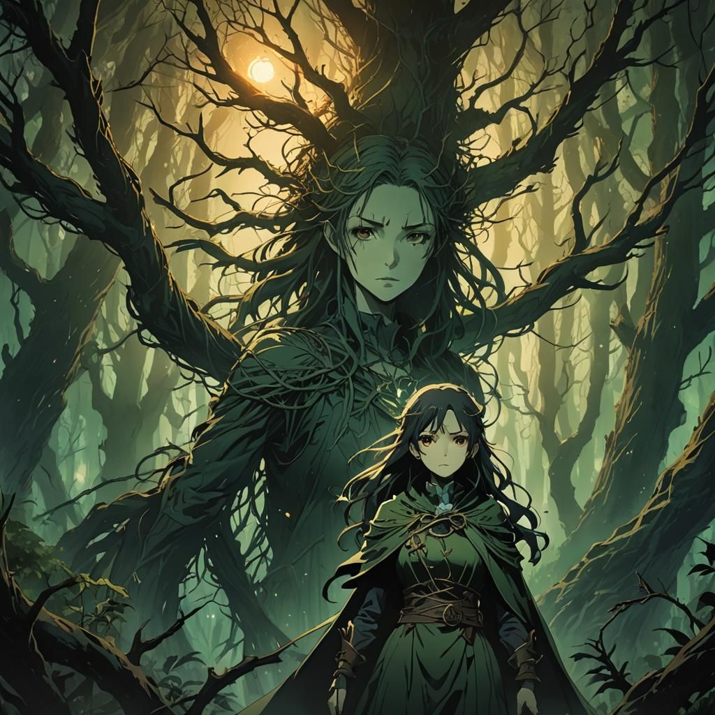 Mysterious Woman in Twilight Forest, Dark Fantasy Anime