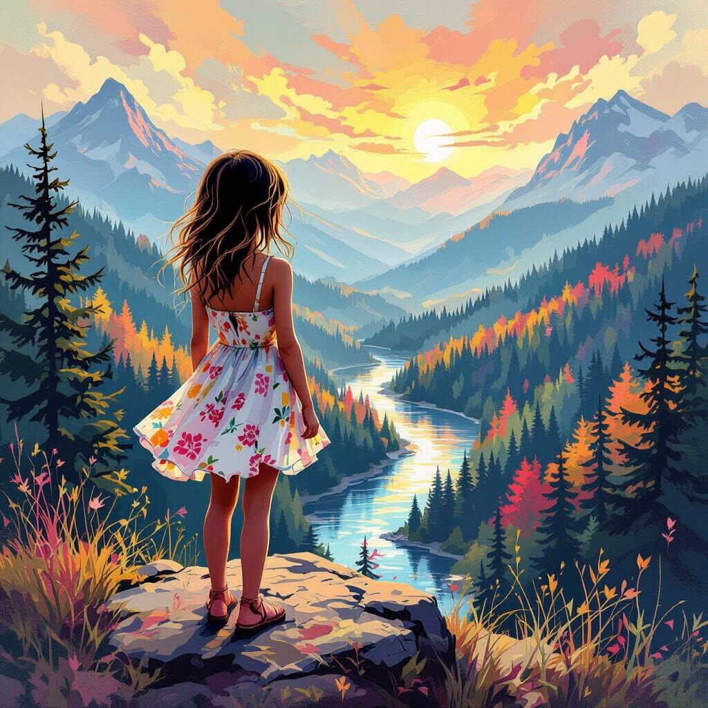 Chick on Mountain Peak Gazing at Forest, Polychromatic Art