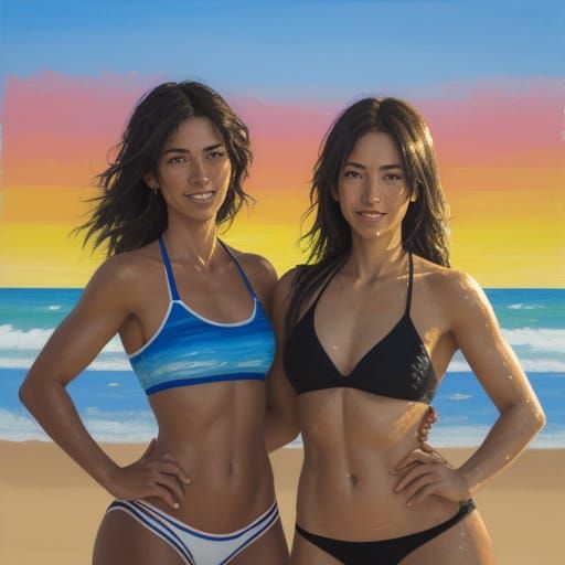 Italian Beach Girls in Vibrant Neo-Impressionist Style