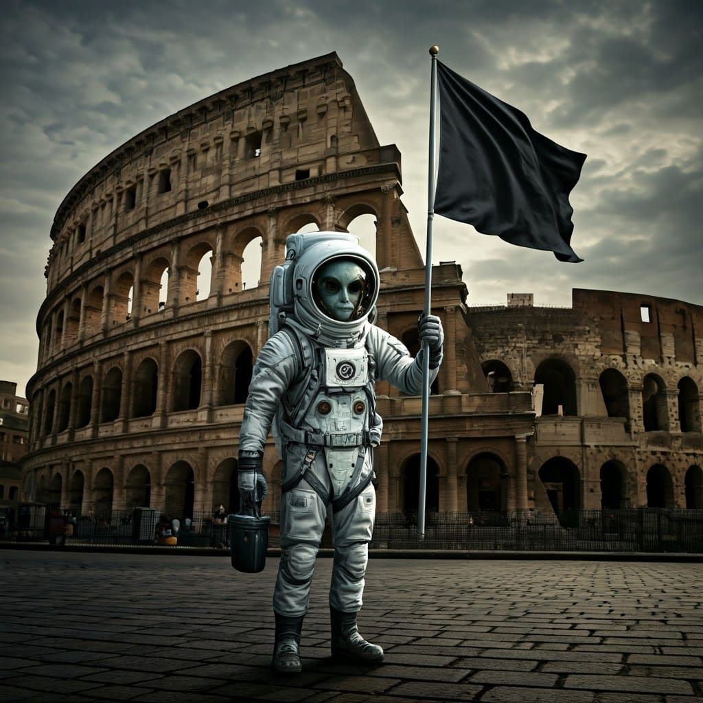Alien Astronaut Claims Ancient Rome in Cyberpunk Style