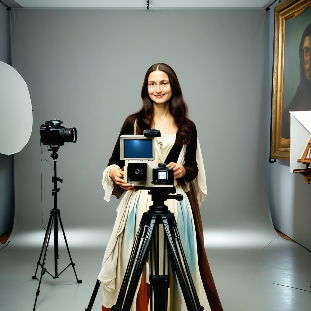Modern Mona Lisa in Photography Studio, Oil Painting