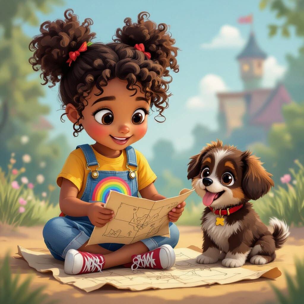 Girl and Puppy Explore Treasure Map in Comic Art Style