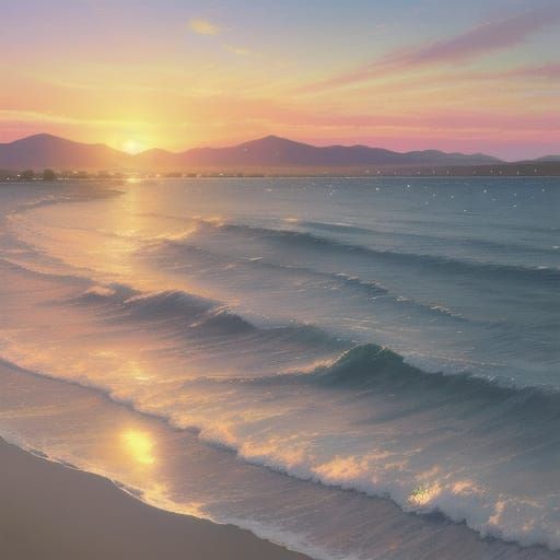 Serene Watercolor Beachscape with Golden Sunrise