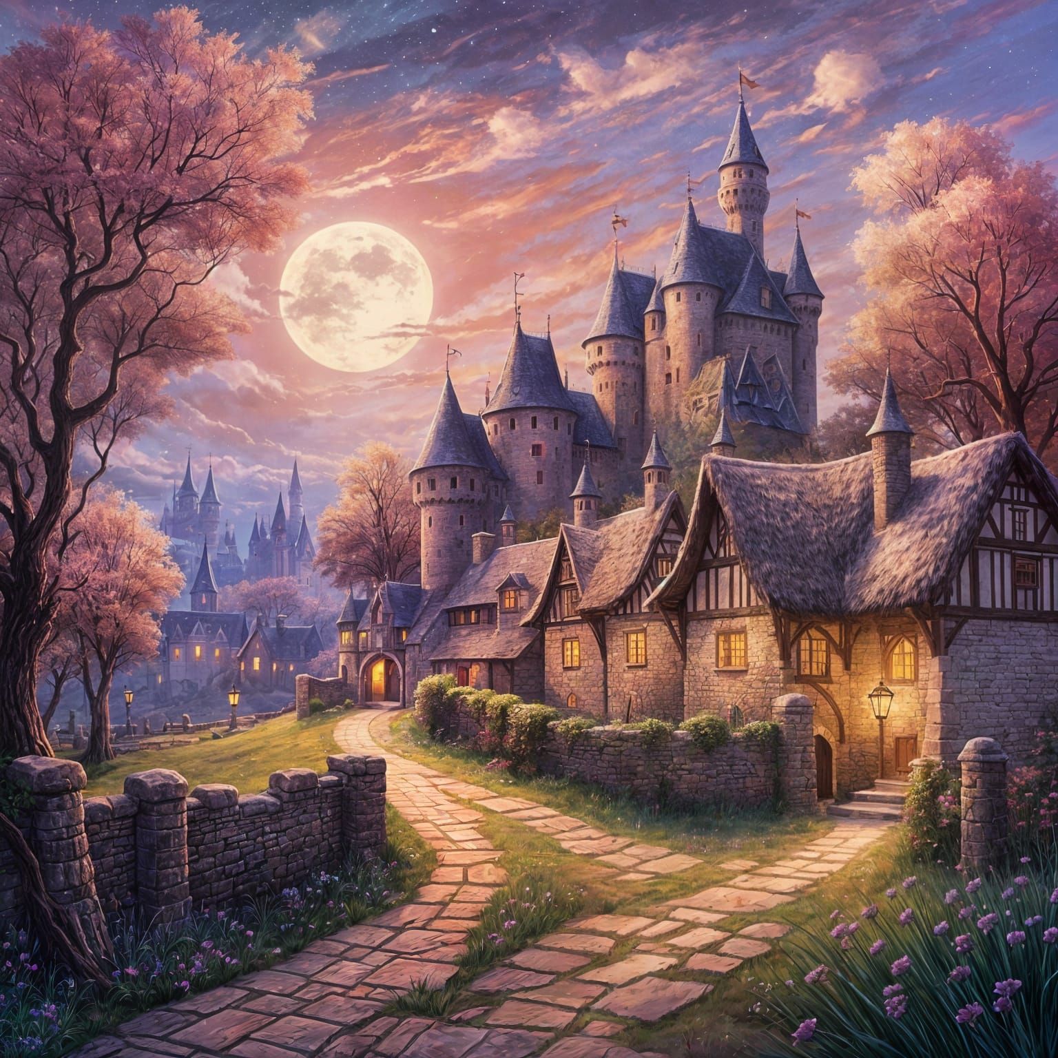 Medieval Village Castle Under Dreamlike Sky