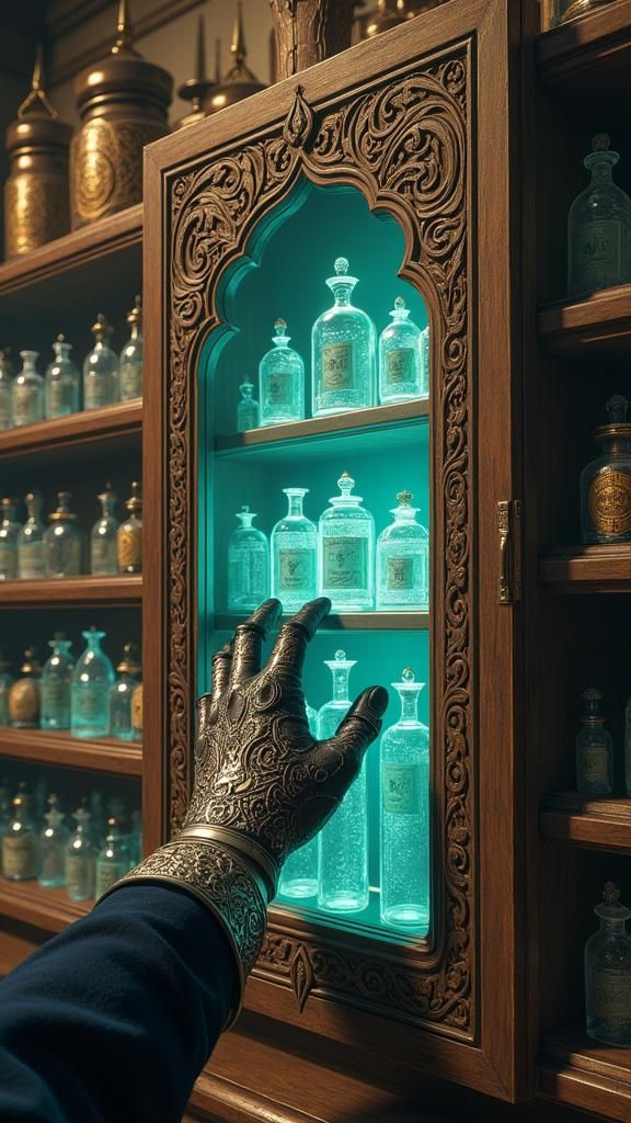 Mystical Apothecary Shelf with Gleaming Jars