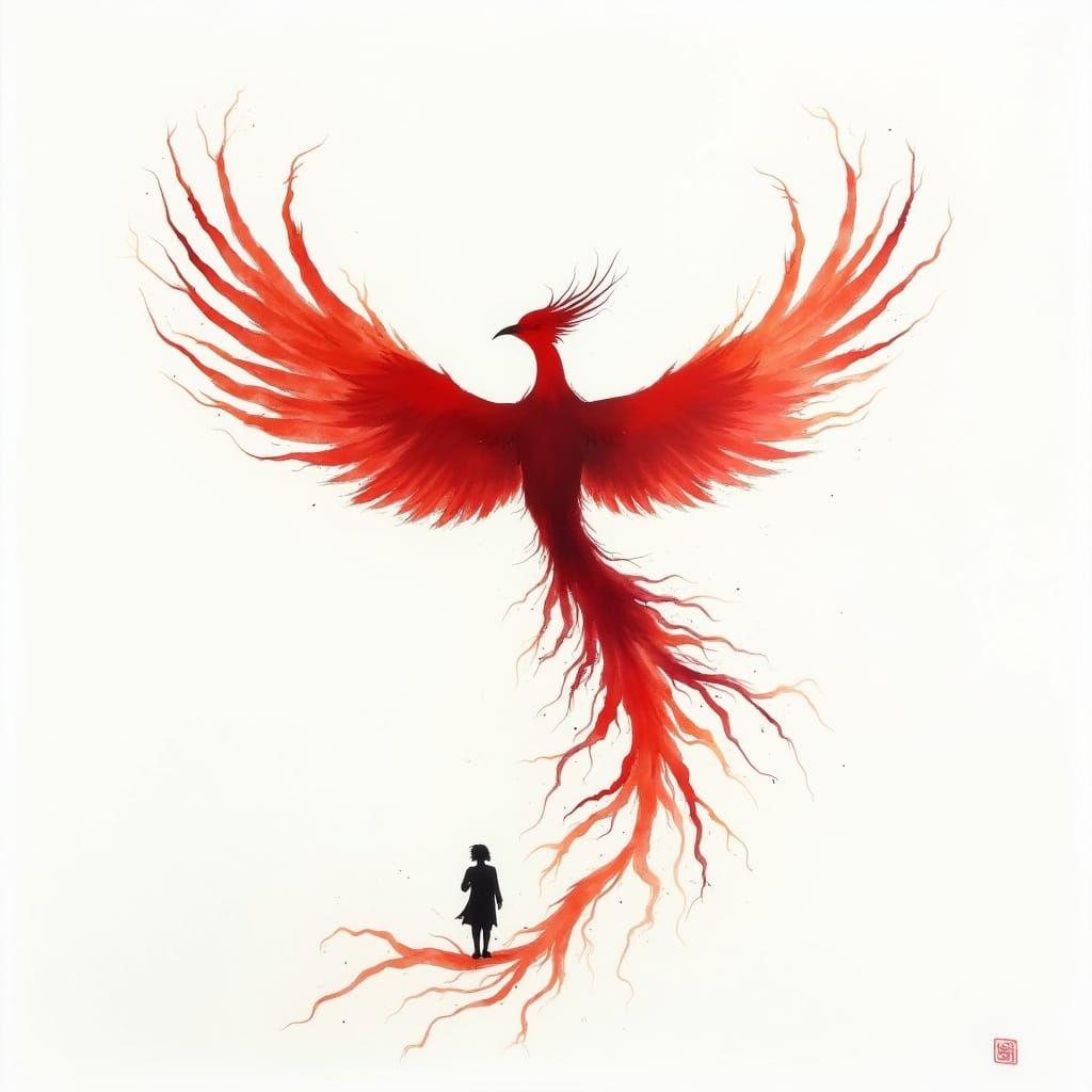 Vibrant Phoenix Rises from Ink Splashes in Dynamic East Asia...