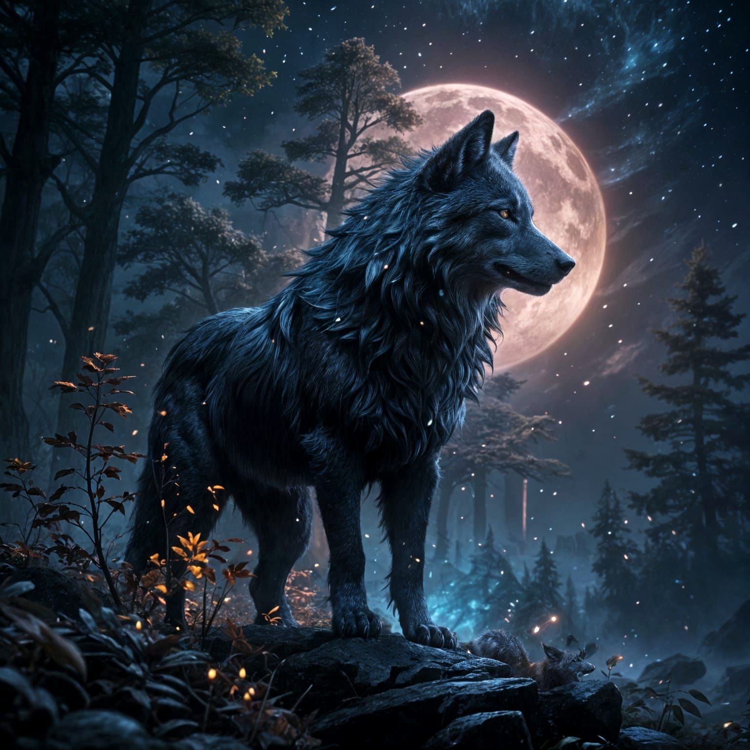 Wolf Under Starry Night: Dreamlike Double Exposure