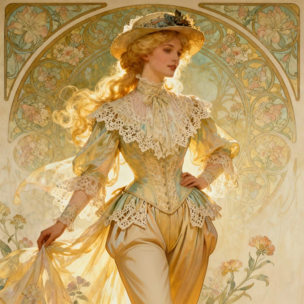Art Nouveau Belle Epoque Woman in Traveling Costume
