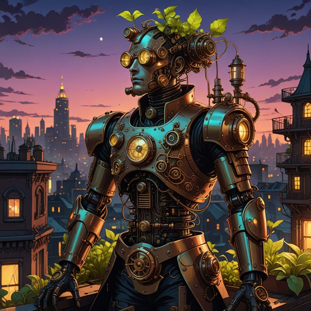 Steampunk Automaton Tends Rooftop Garden in Futuristic City