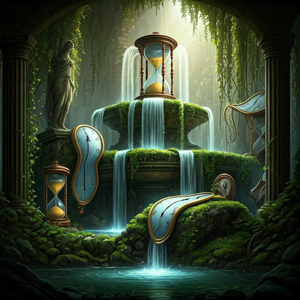 An ancient overgrown fountain with glowing hourglasses and melting clocks, surrounded by crumbling statues and mossy rui...