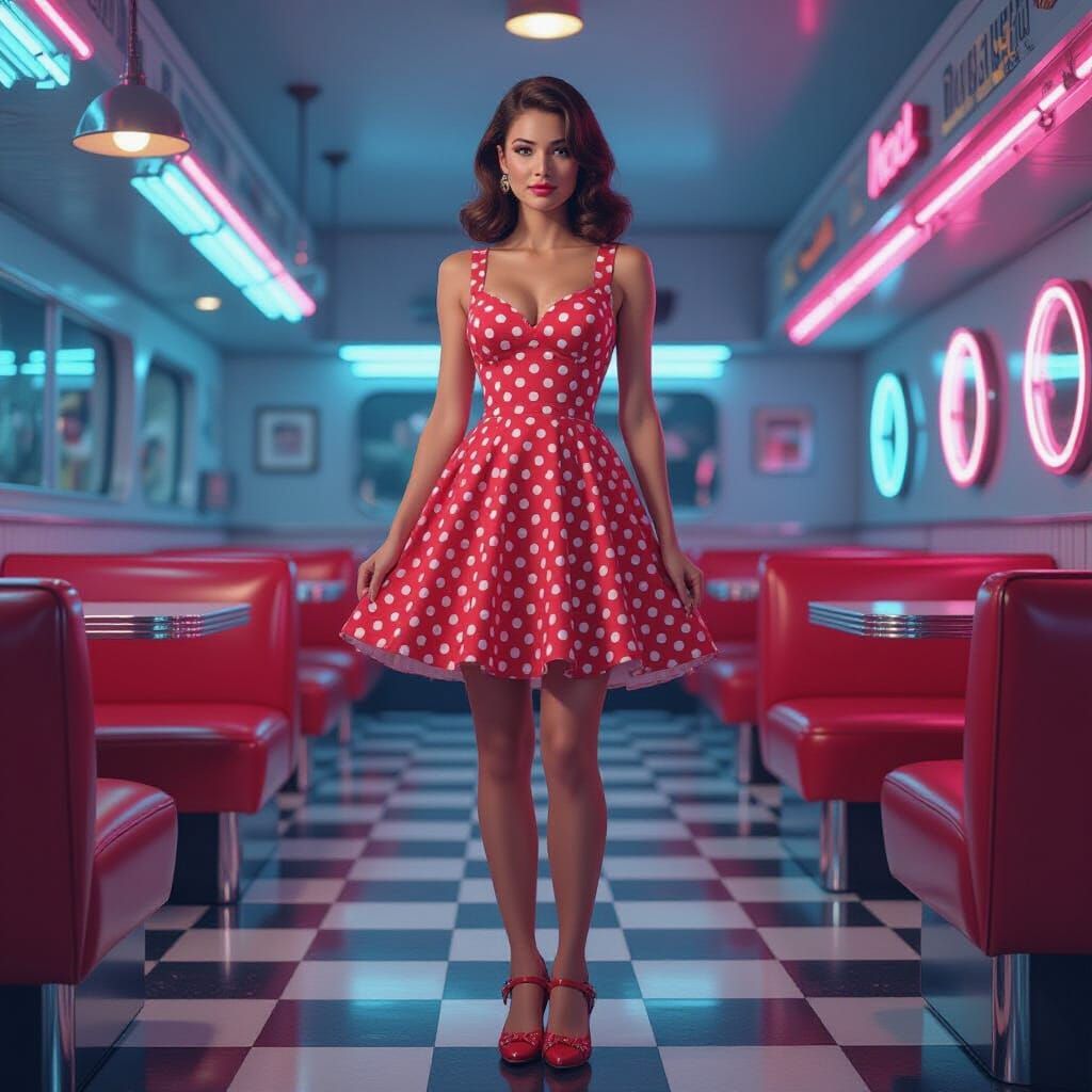 Retro Woman in Malt Shop, Nostalgic Futuristic Style