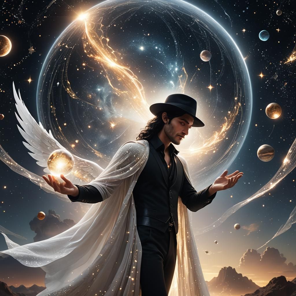 Ethereal Man with Wings Amidst Celestial Landscape