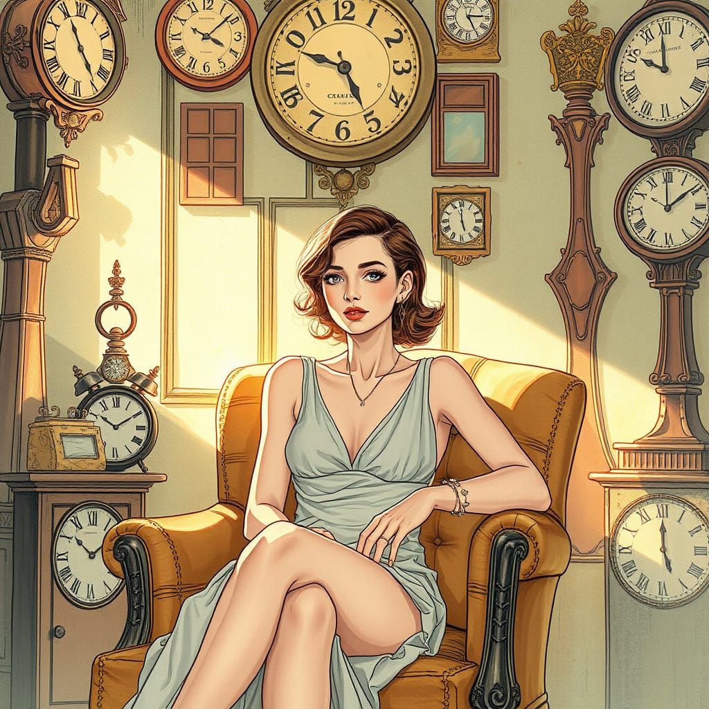 Woman in Armchair with Clocks, James Jean Style