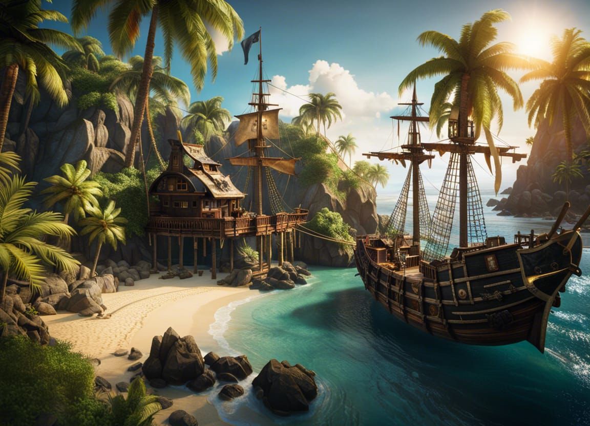 Secluded Pirate Cove Fortress with Shipwrecks