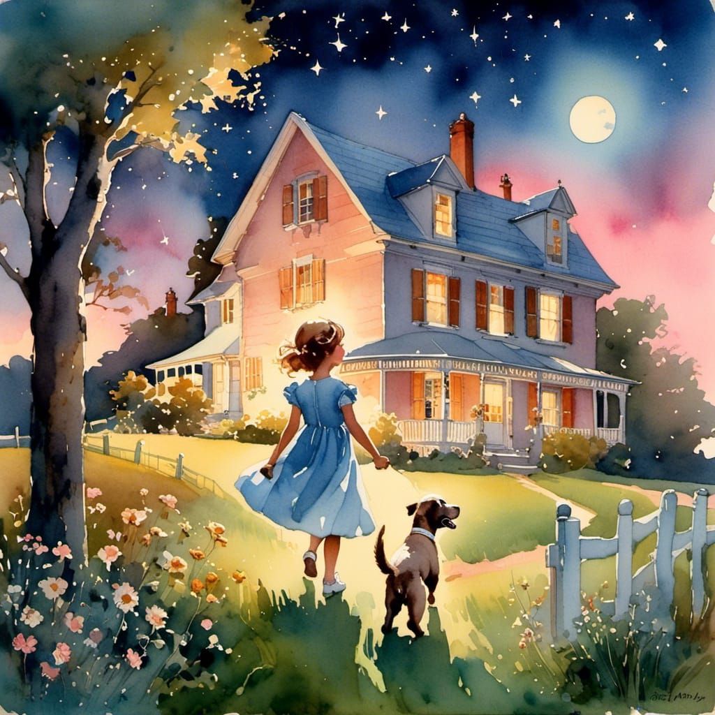 Girl and Puppy at Twilight in Watercolor Style