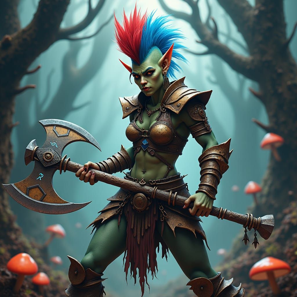 Goblin Barbarian with Axe in Fantasy Forest
