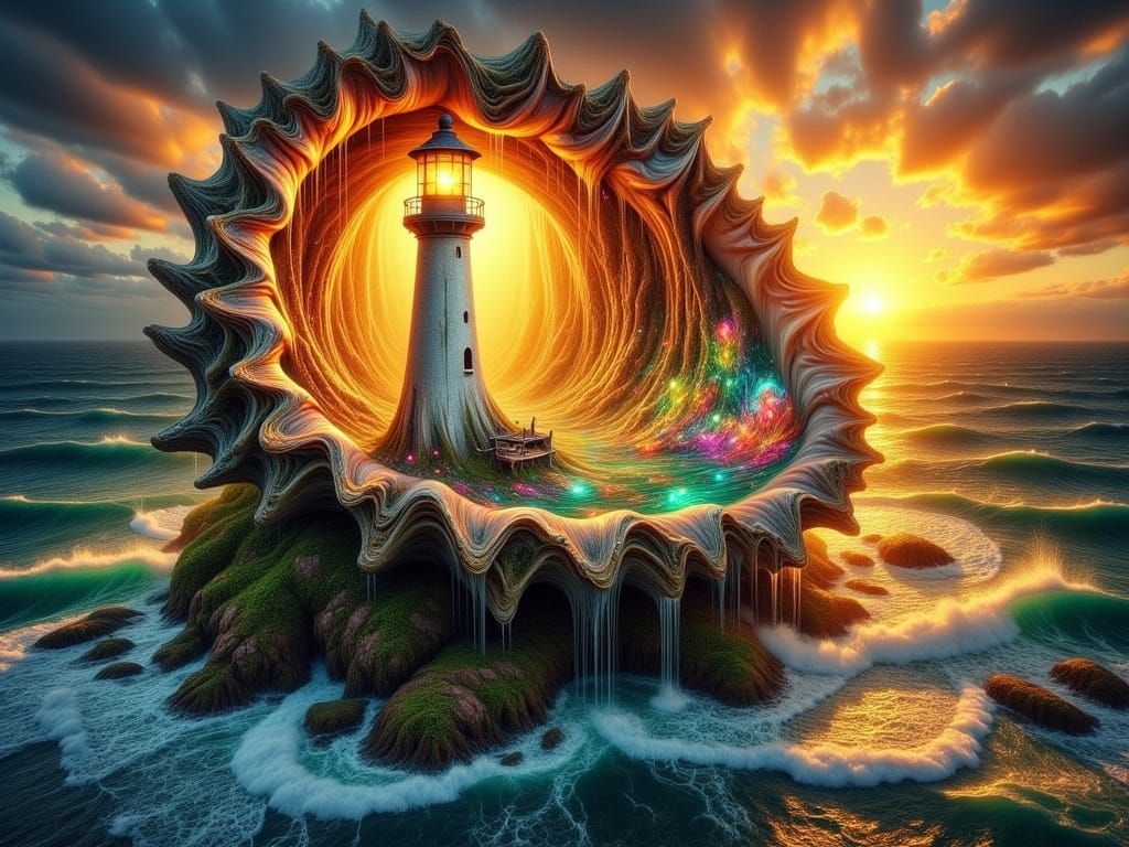 Seascape Lighthouse at Sunset in Fantasy Style