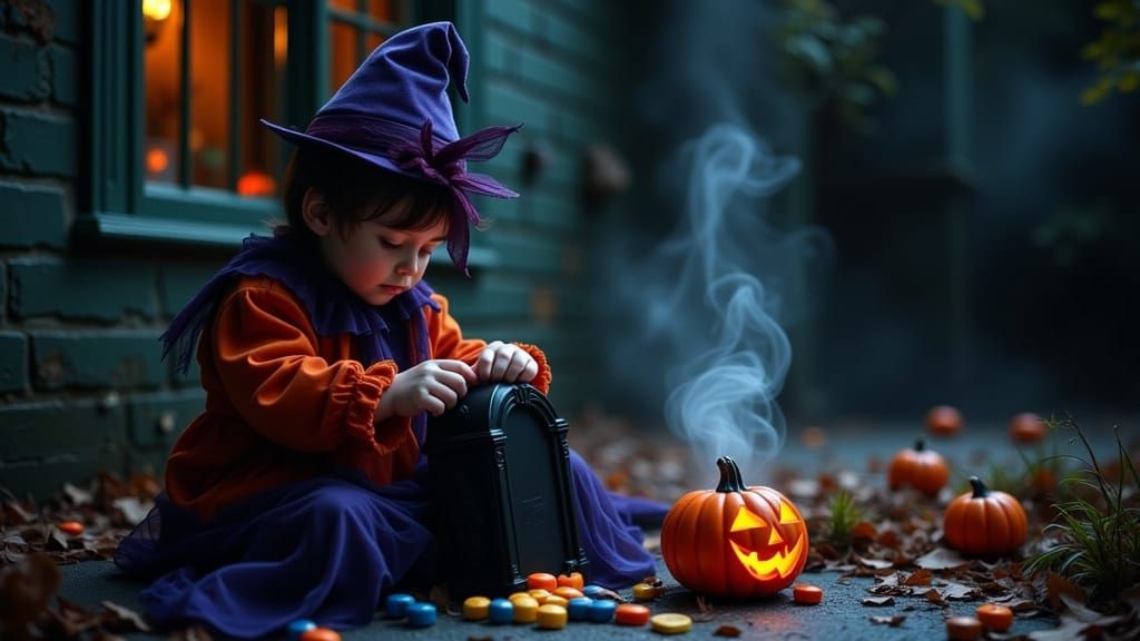 Child Examines Spooky Candies on Halloween Night