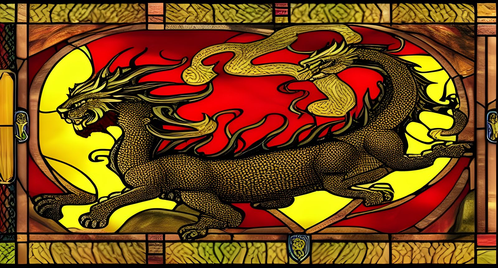 Stained Glass Lion-Dragon in Medieval Fantasy Style