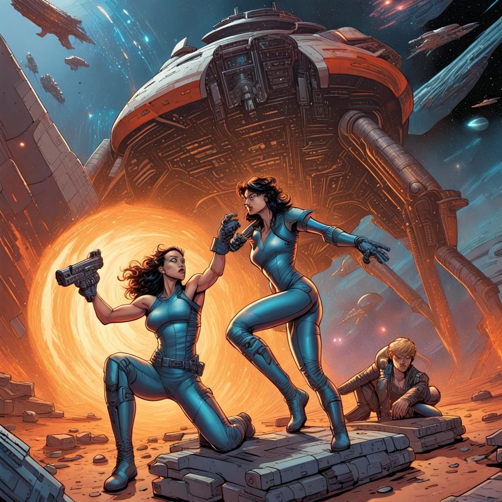 Sci-Fi Comic Art: Space Woman Defends Wounded Man