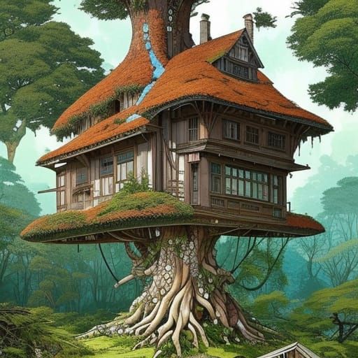 Solarpunk Treehouse Amidst Ancient Yews, Detailed Painting