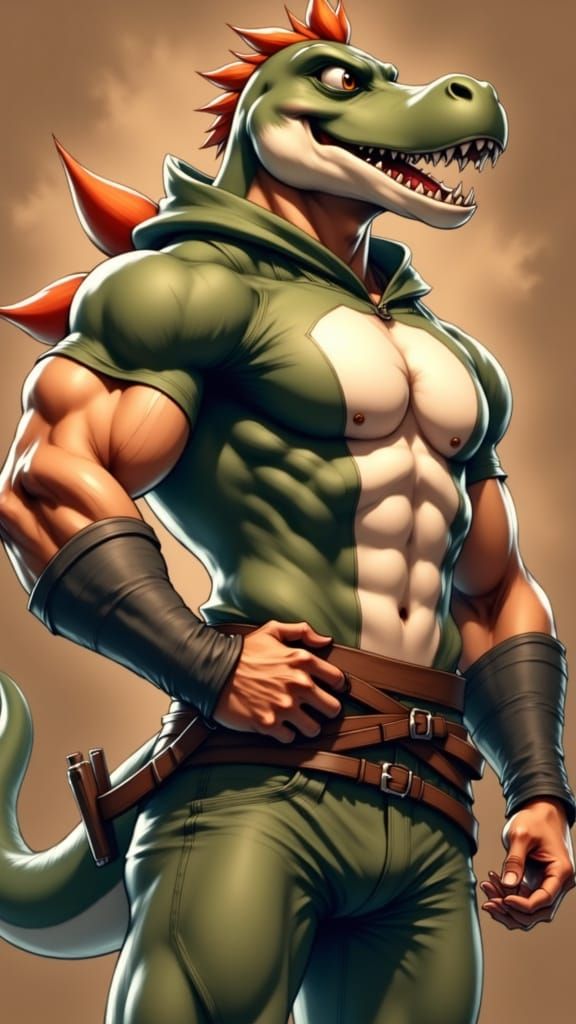 Charming Yoshi-Human Hybrid in Vibrant Anime Style