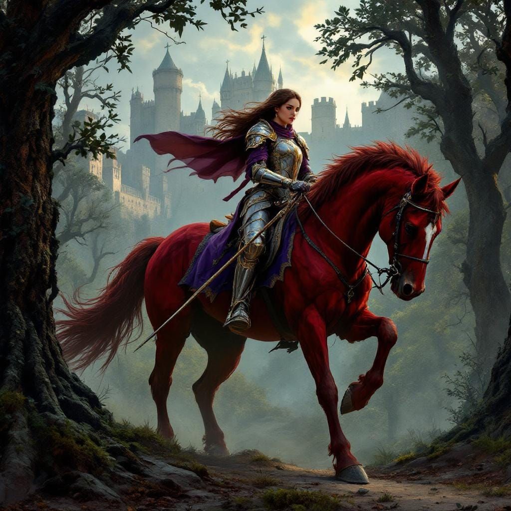 Female Knight on Horseback in Dark Forest