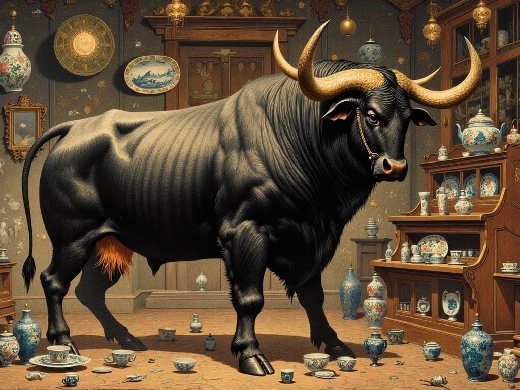 A Majestic Bull in a Fragile China Shop, in the Style of Rem...