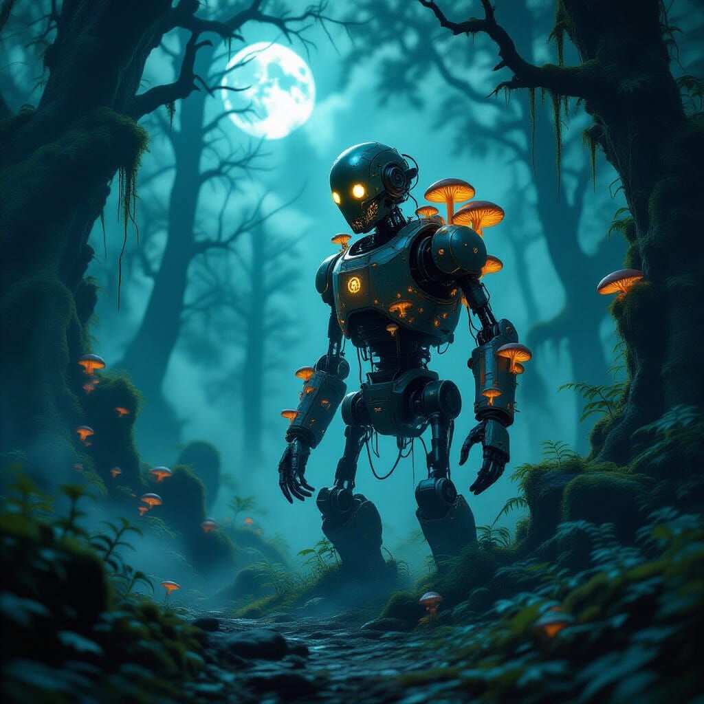 Rusted Automaton in Fungal Forest Under Moonlight