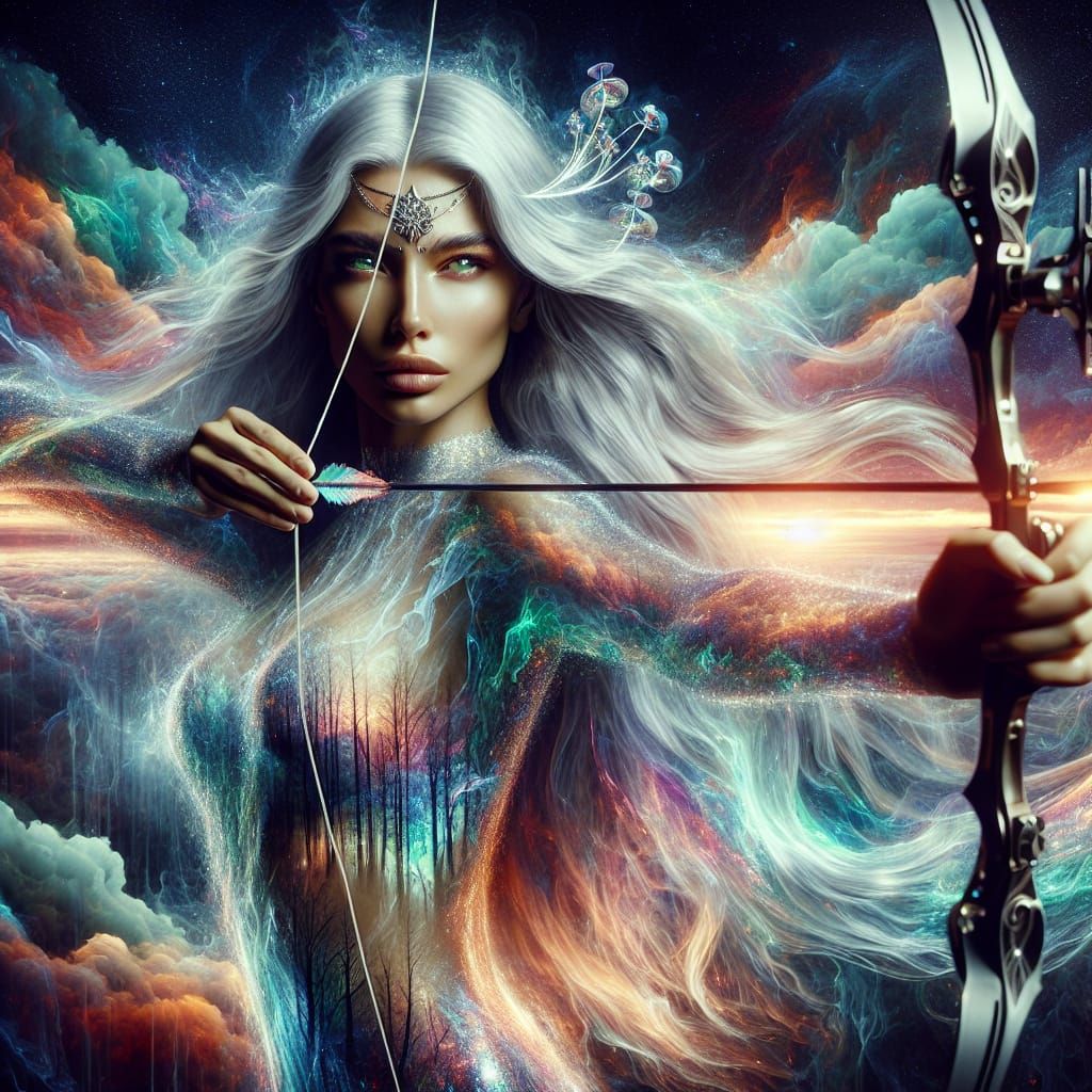 Cyberpunk Goddess Archer Ascends to the Heavens