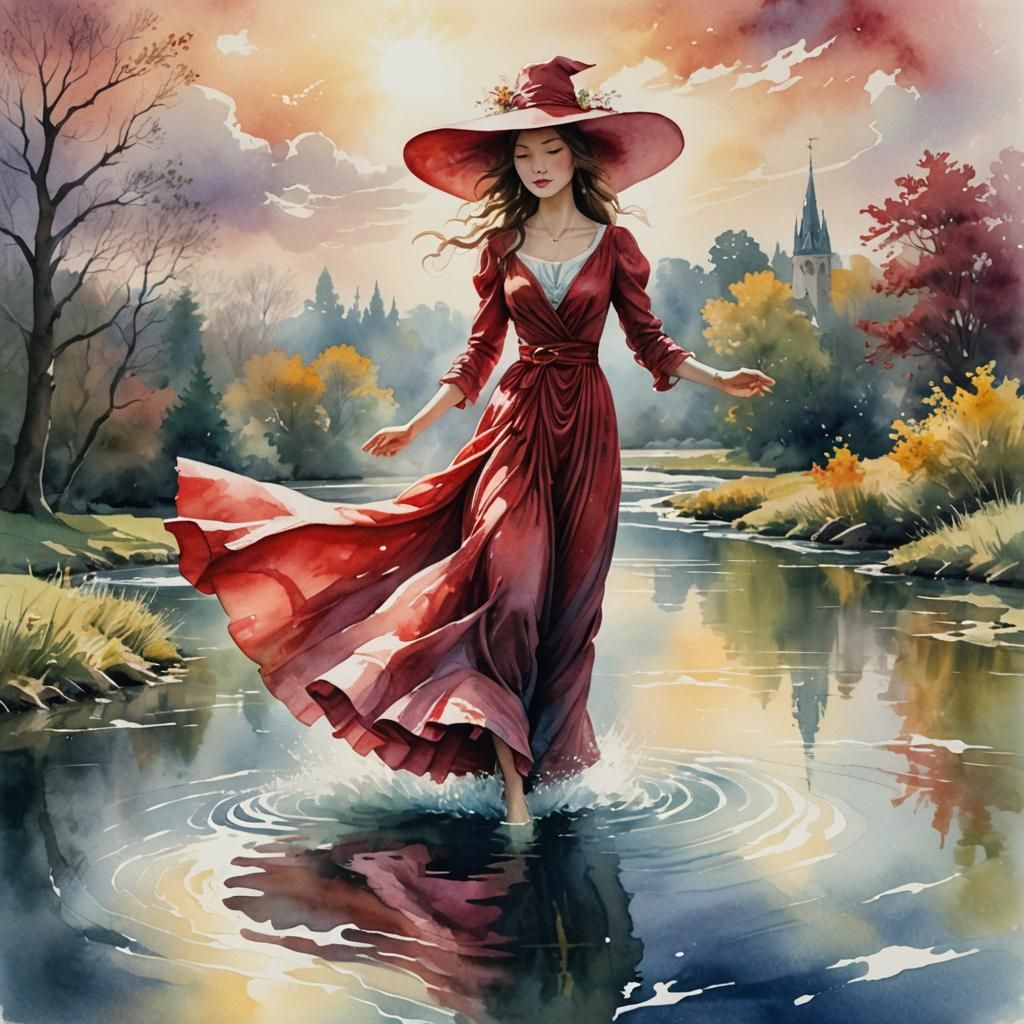 Ethereal Woman in Crimson Dress: Watercolor Art
