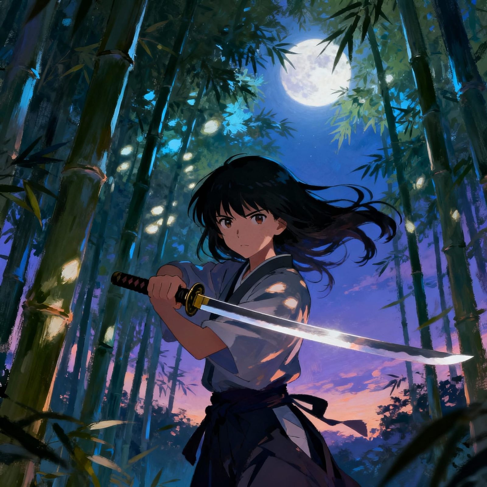 Anime Girl with Katana in Moonlit Bamboo Forest
