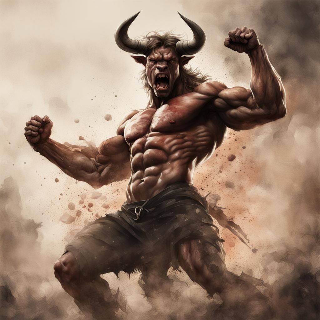 Raging Minotaur in Disintegrating Watercolor Style