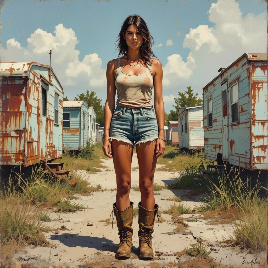 Rural Woman in Weathered Trailer Park Landscape