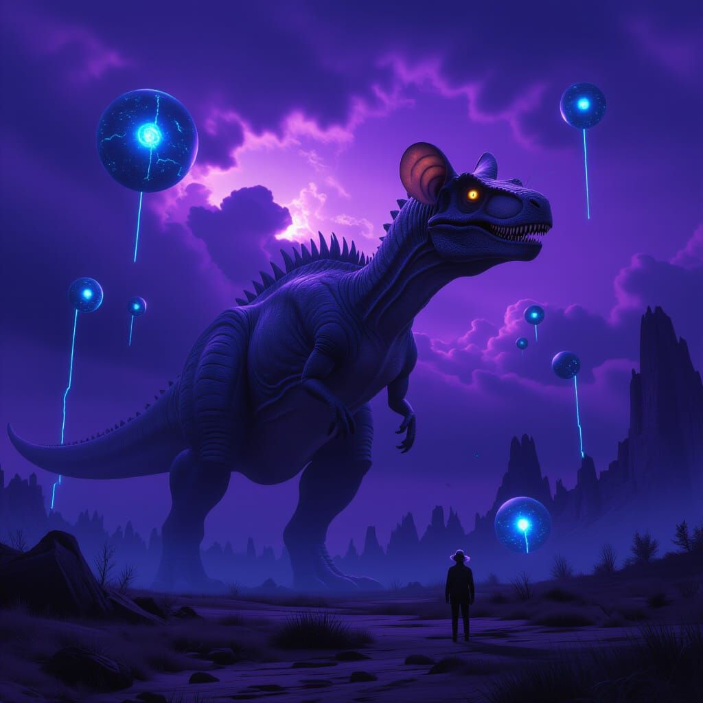 Dinosaur with Mouse Head in Surreal Prehistoric Landscape