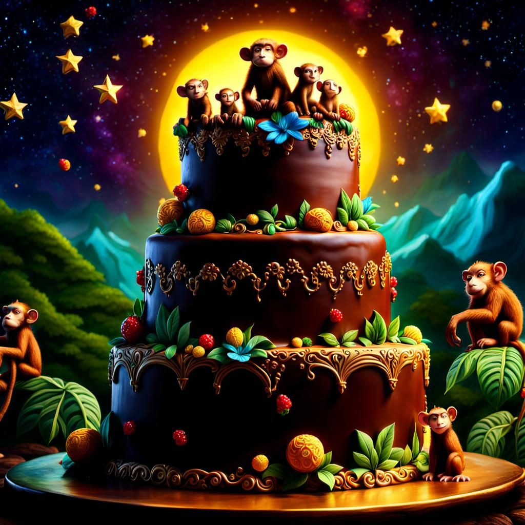 Swinging Monkey's Jungle Scene Happy Birthday Cake