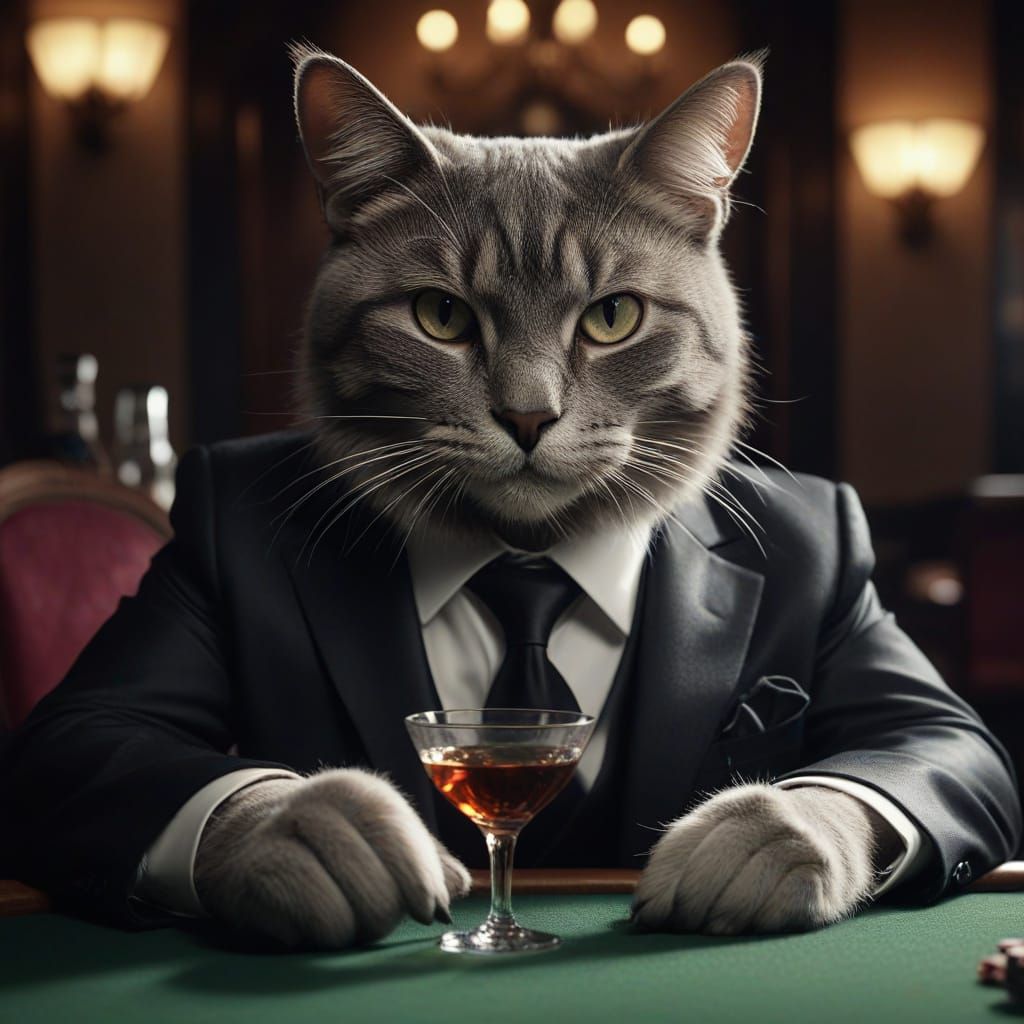 Cat in Suit Playing Poker in Film Noir Style