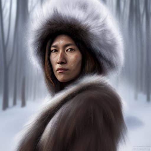 Indigenous Person in Bearskin Hood Portrait