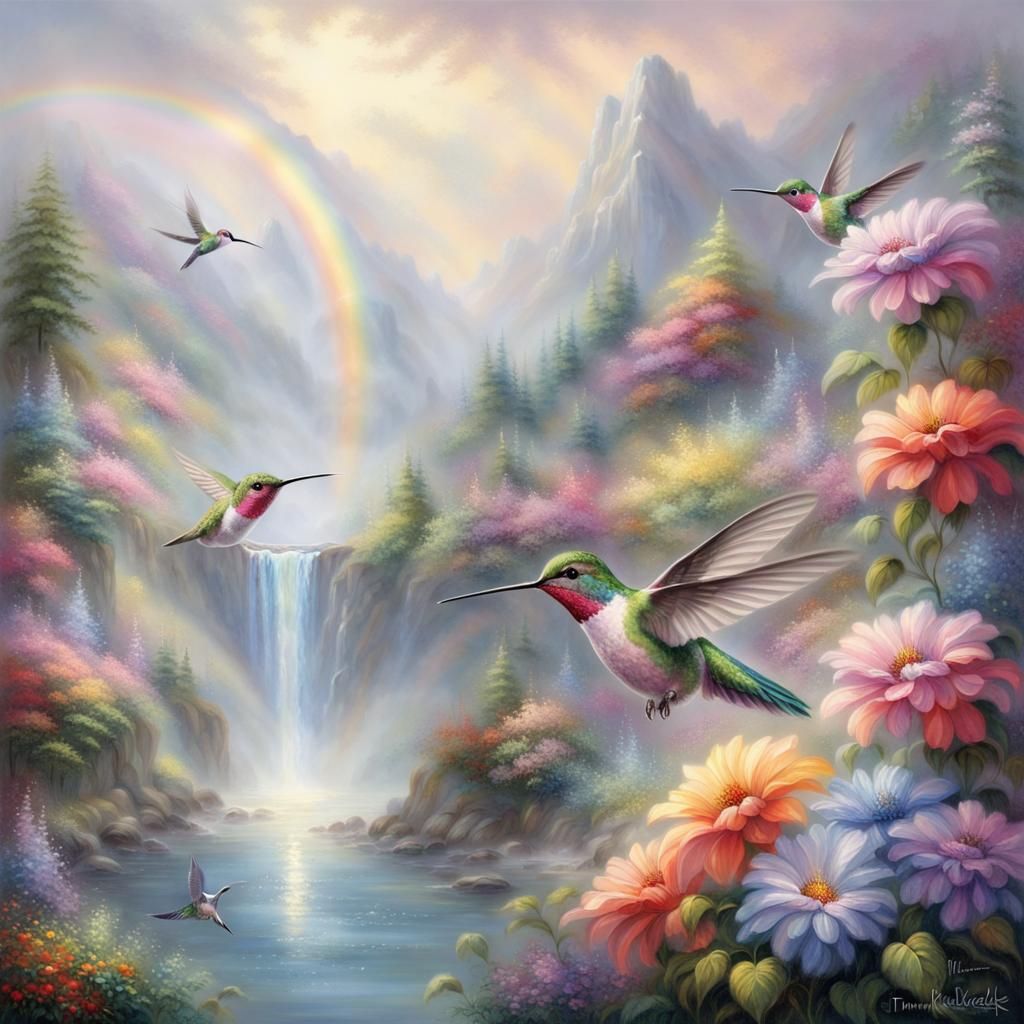 Hummingbird Shines Among Rainbow Flowers