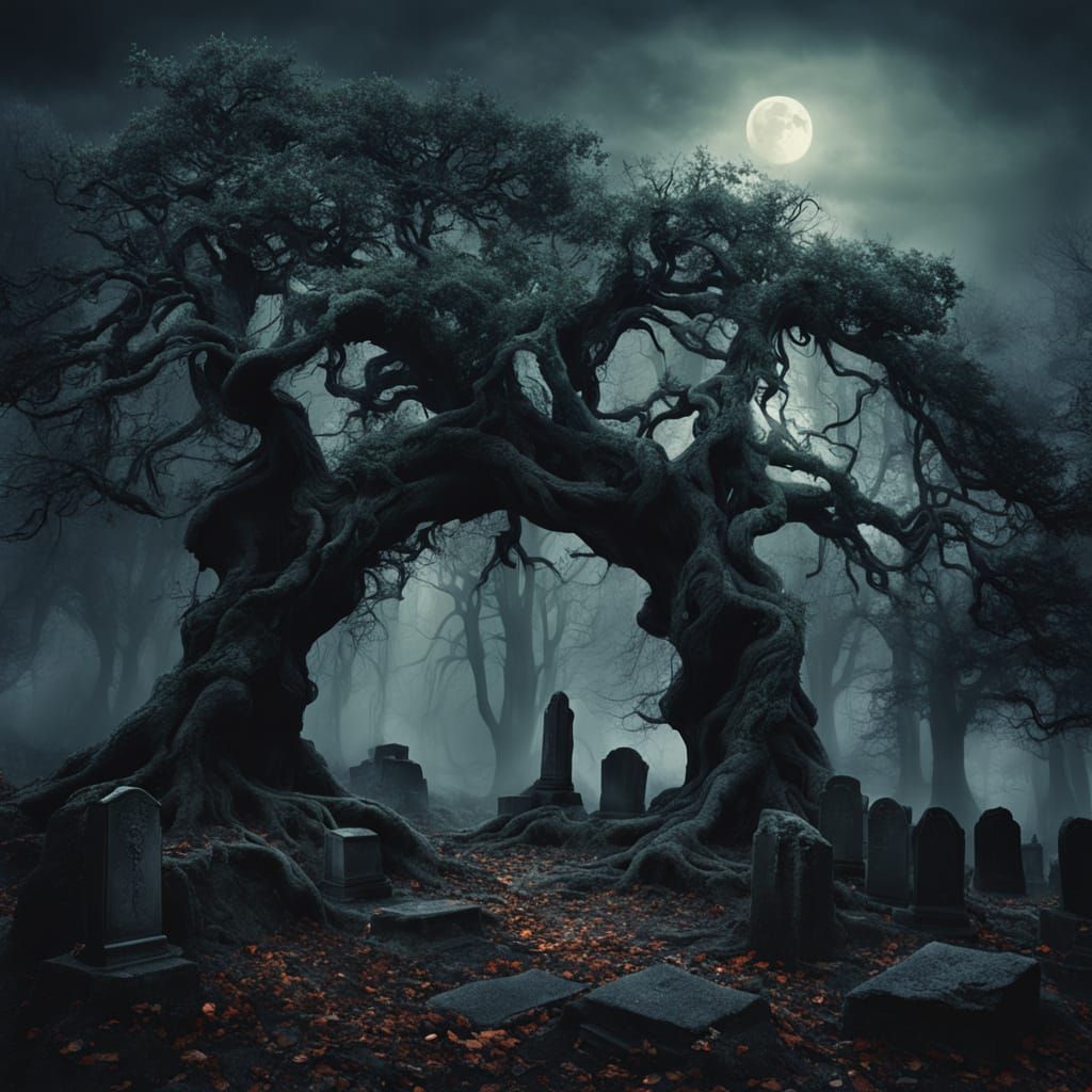 Ancient Yew Archway Over Gravestones in Eerie Moonlight